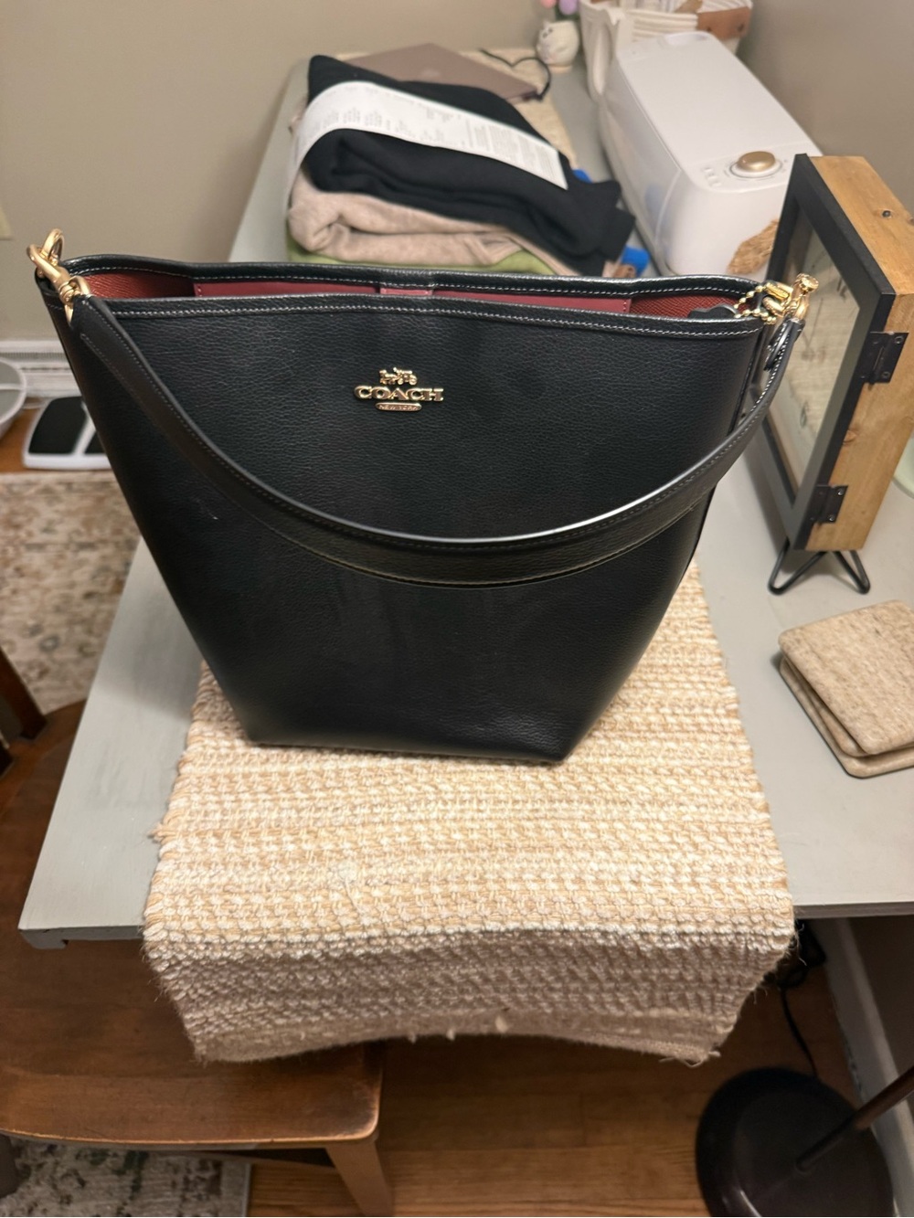 Coach Black Leather bucket Shoulder Bag with Red Interior